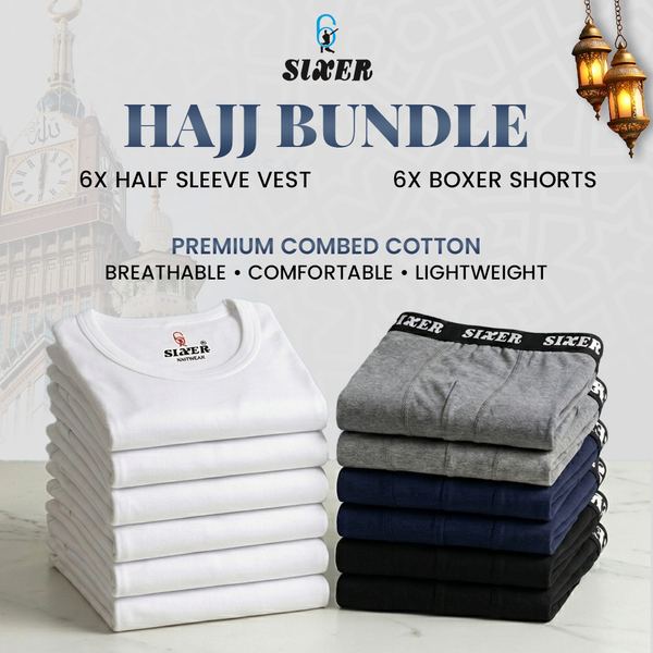 Sixer Men’s Hajj Bundle Summer Vest Pack of 6 + MultiColor Boxer Shorts Pack of 6
