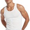 A man wearing a plain white ribbed tank top against a clean white background.